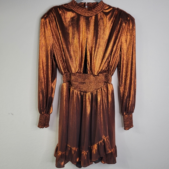 Retrofete melody metallic ruffle puff sleeves.  front cut out mini length size L - Picture 2 of 10